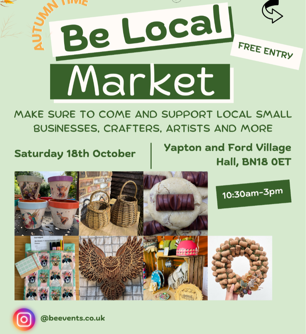 Advertisement for a 'Be Local Market' event with images of crafts and text about the event details.